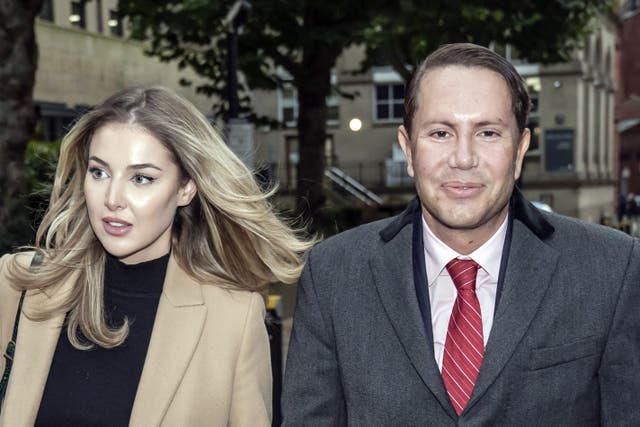 <p>James Stunt, ex-husband of F1 heiress Petra Ecclestone, leaves Cloth Hall Court in Leeds with Helena Robinson, where he is on trial for money laundering charges </p>