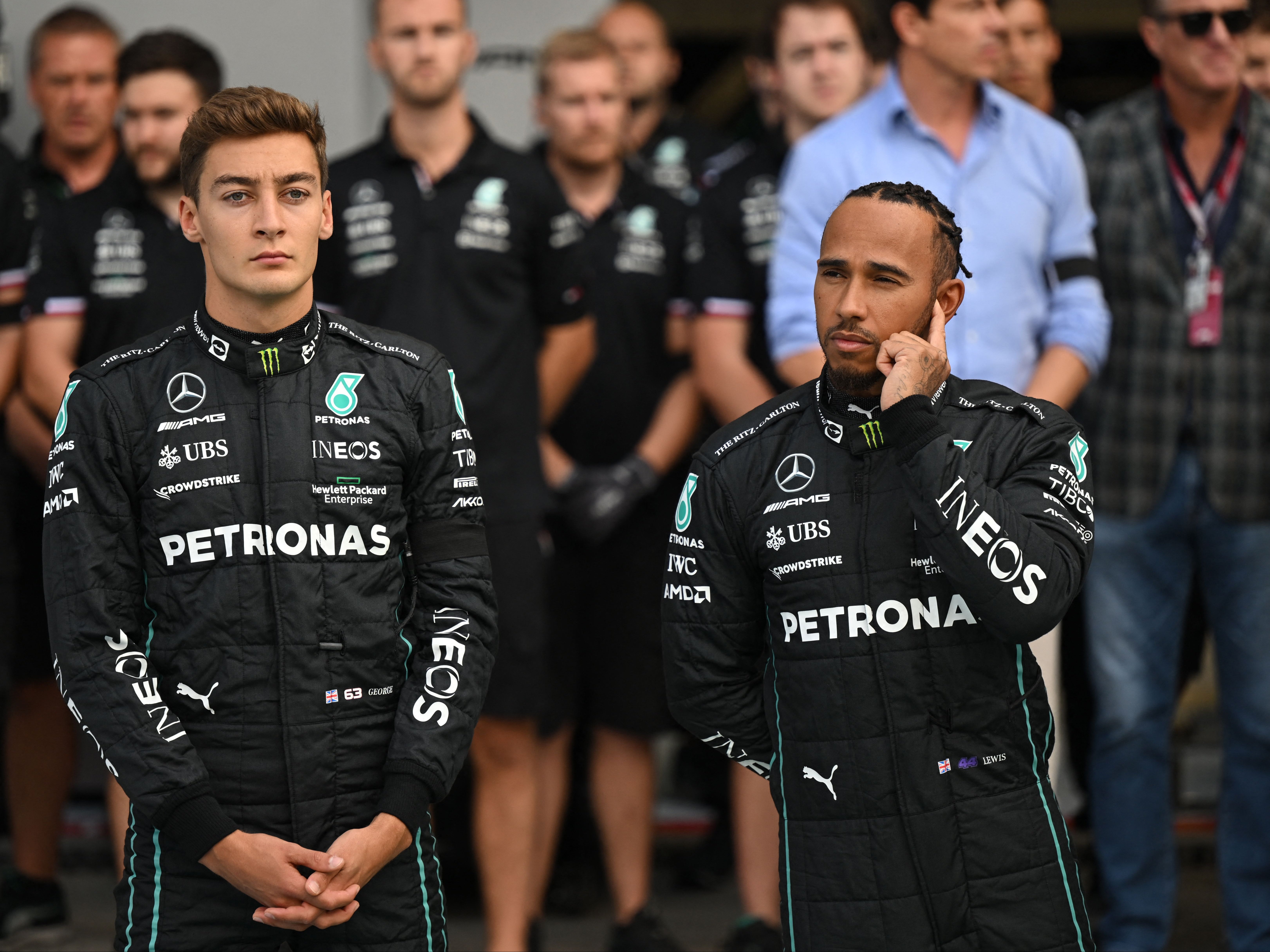Lewis Hamilton (right) is 20 points behind teammate George Russell