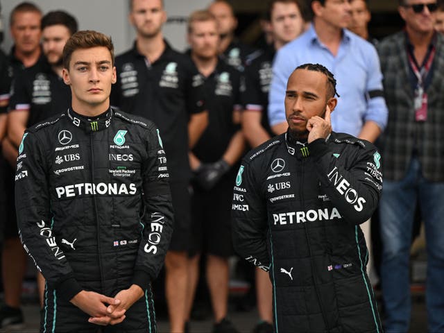 <p>Lewis Hamilton (right) is 20 points behind teammate George Russell </p>