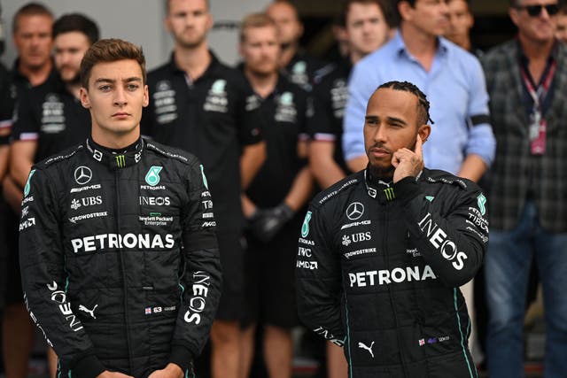 <p>Lewis Hamilton (right) is 20 points behind teammate George Russell </p>