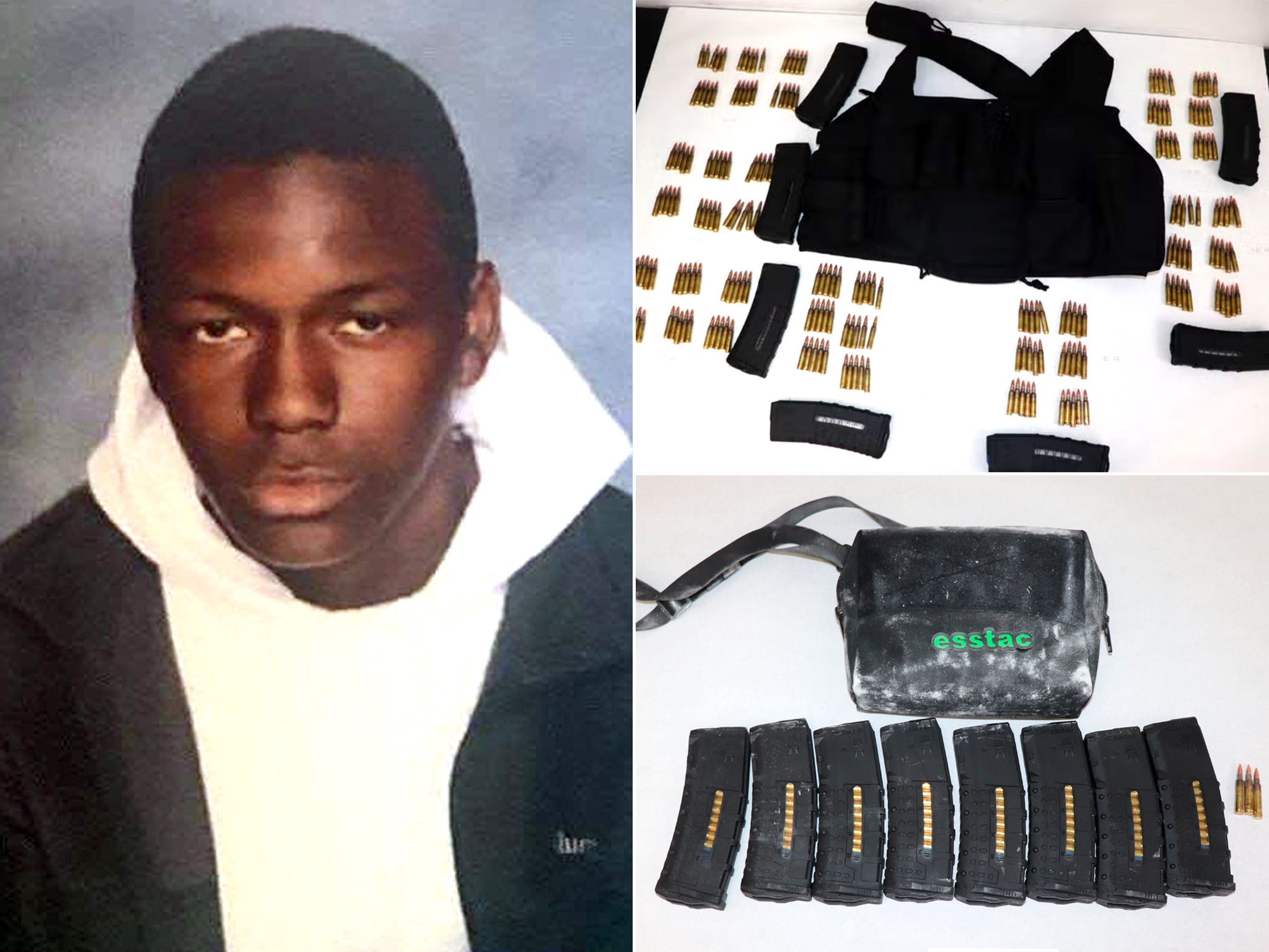 Orlando Harris yearbook photo and photos released by police of ammunition, magazines and a vest used by the gunman