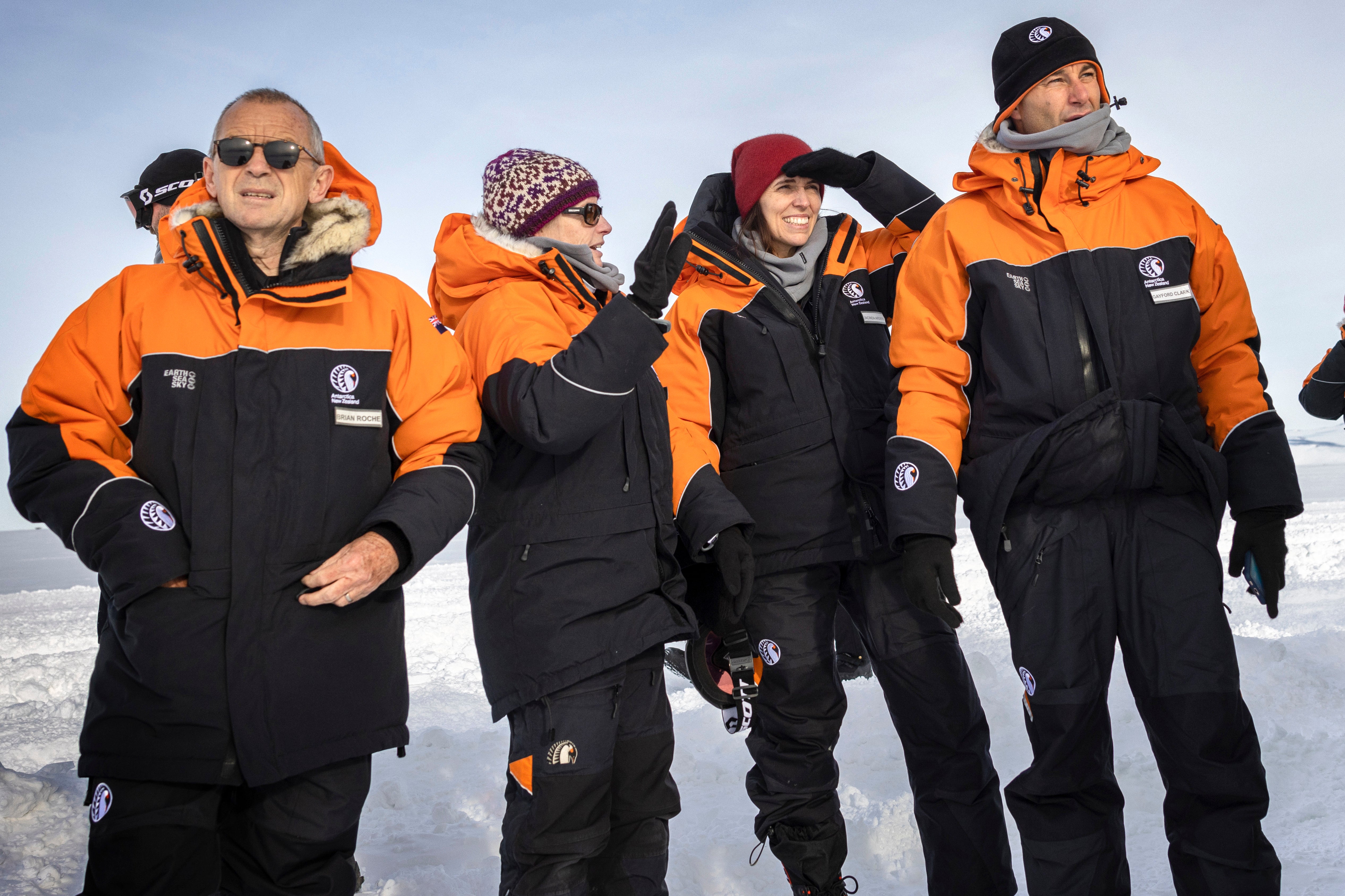 Jacinda Ardern (second right) was with her partner Clarke Gayford (right) in Antarctica along with New Zealand chief executive Sarah Williamson when the attack was carried out