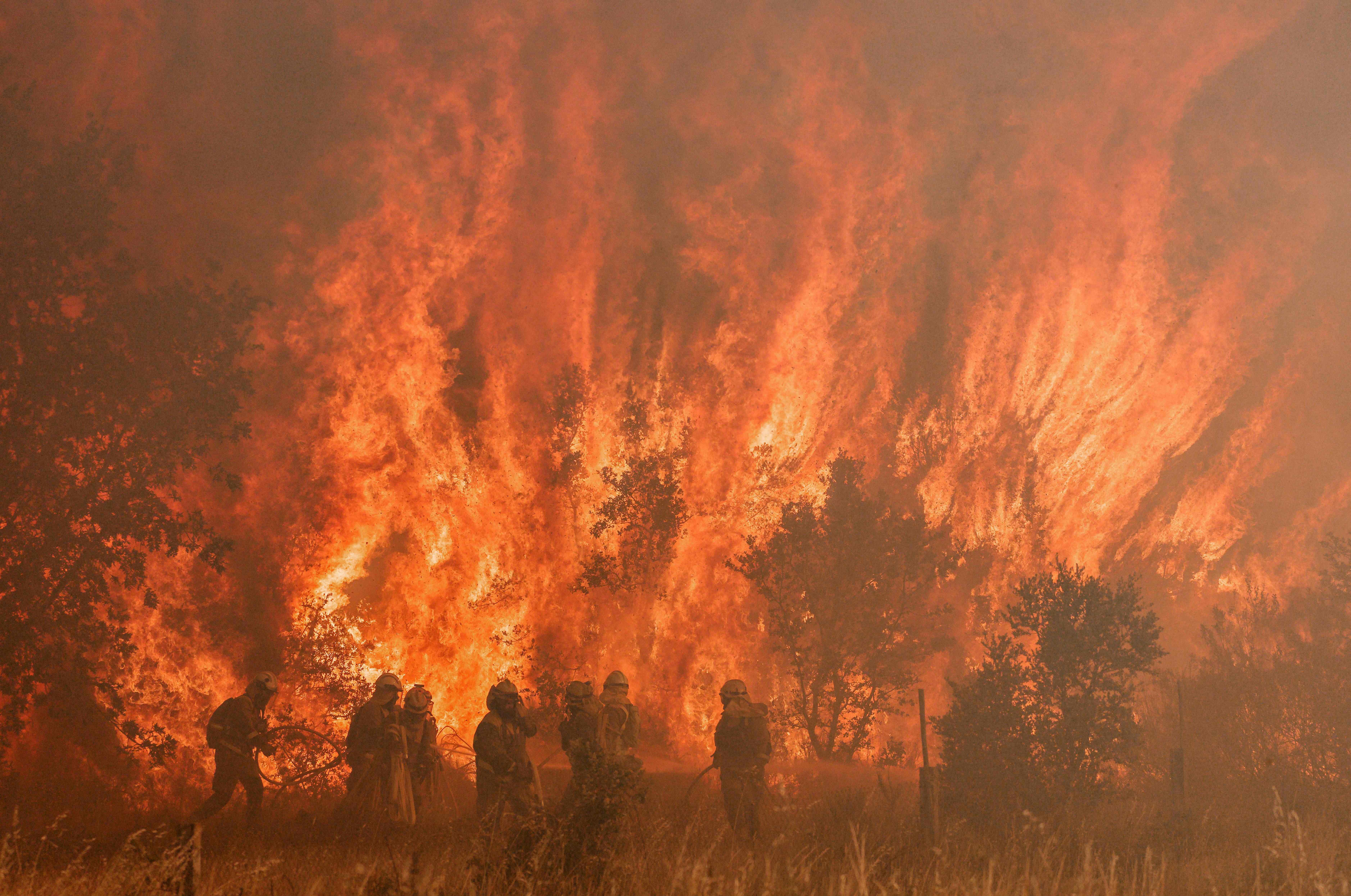 Firefighters at a wildfire in Pumarejo de Tera near Zamora, northern Spain, in June