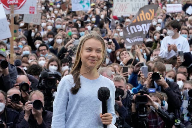 <p>Greta Thunberg addresses a crowd in Berlin</p>