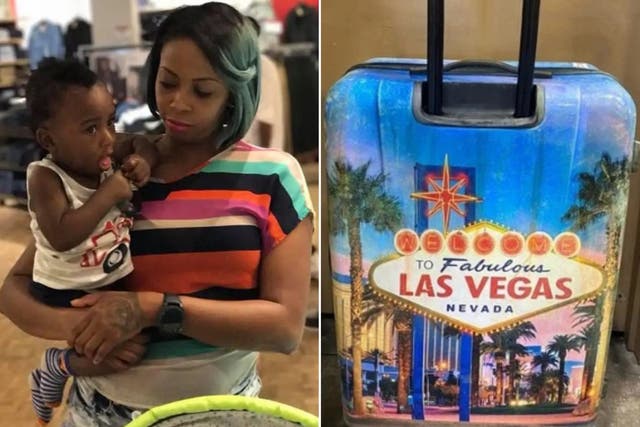 <p>Cairo Jordan and his mother Dejaune Anderson on left. The suitcase his body was dumped in on right </p>