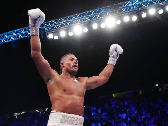 <p>Joe Joyce celebrates his most recent win, a knockout of Joseph Parker</p>