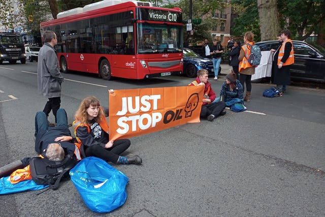 Just Stop Oil protesters demonstrate on the junction of Horseferry Road and Tufton Street (Just Stop Oil/PA)