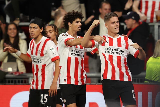 <p> Joey Veerman celebrates after scoring PSV Eindhoven’s first goal</p>