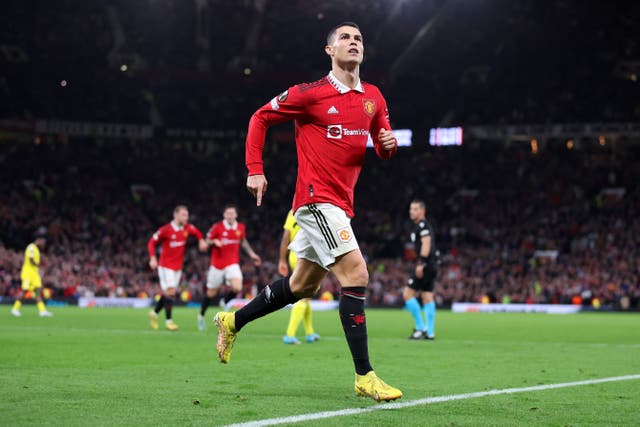 <p>Cristiano Ronaldo celebrates after scoring Manchester United’s third goal</p>