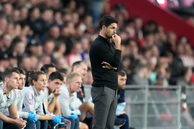 <p>Mikel Arteta watches on as his Arsenal side struggle in Eindhoven</p>