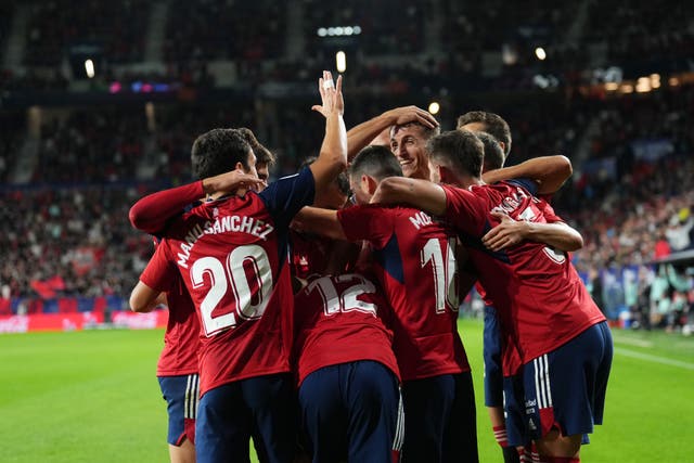 <p>Ante Budimir of Osasuna celebrates with teammates at El Sadar Stadium in Pamplona, Spain</p>