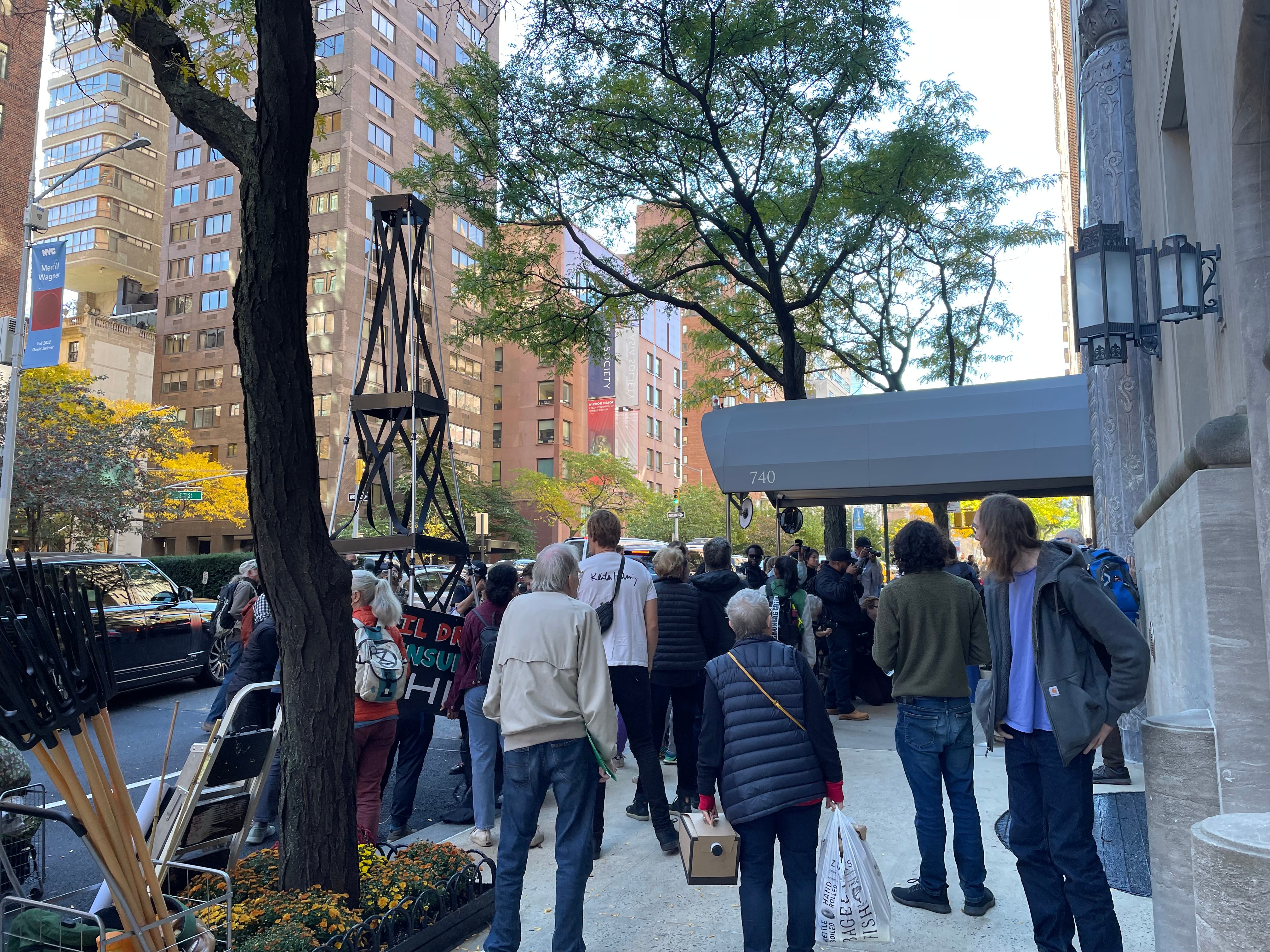 A replica oil tower put up by the protestors at Thursday’s demonstration