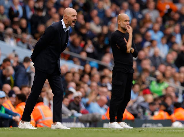 <p>Manchester United manager Erik ten Hag and his Manchester City counterpart Pep Guardiola</p>