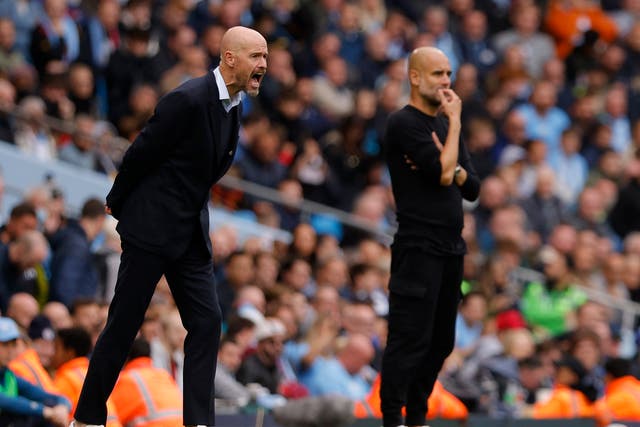 <p>Manchester United manager Erik ten Hag and his Manchester City counterpart Pep Guardiola</p>