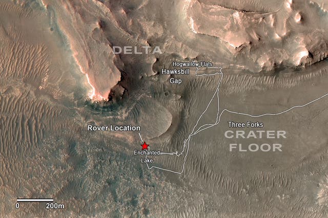 <p>This photographic map shows the path Nasa’s Perseverance Mars rover has charted across Jezero Crater on the Red Planet, and the Three Forks, a location designated to hold samples of soil the rover collected until they can be returned to Earth</p>