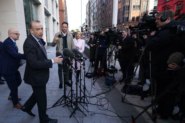 Northern Ireland Secretary Chris Heaton-Harris speaking to the media outside Erskine House, Belfast (Brian Lawless/PA)