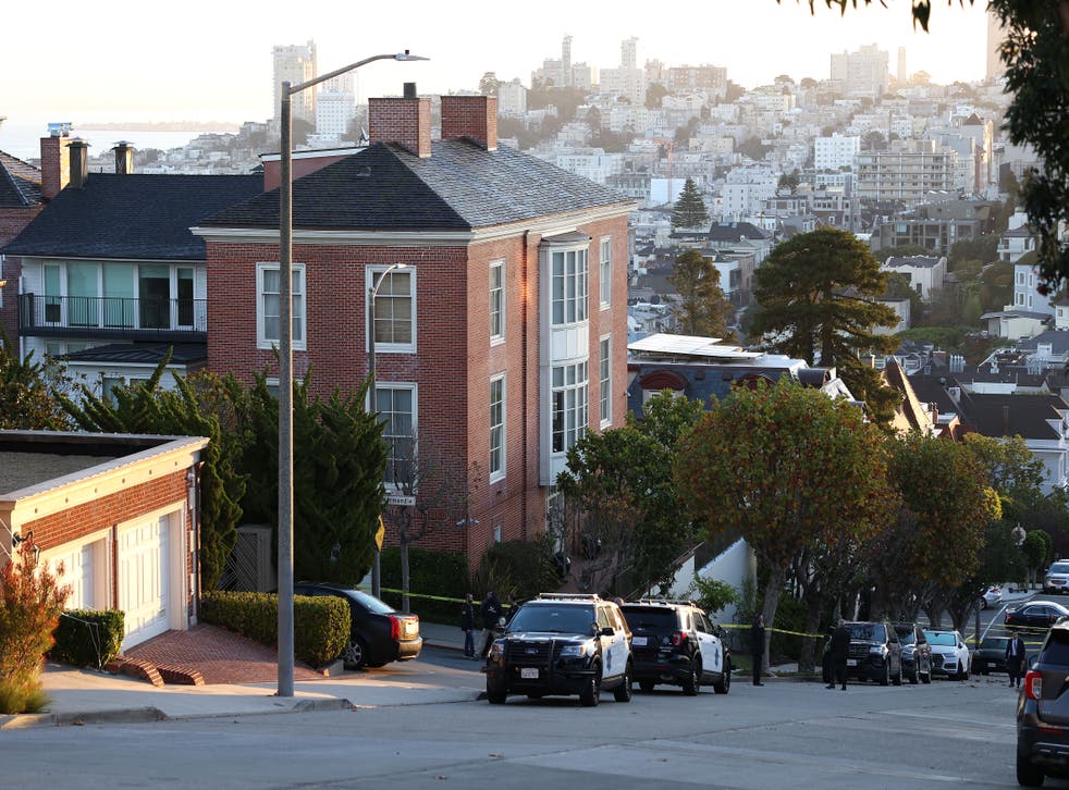 <p>Police outside the Pelosis’ home in San Francisco, where the attack took place</p>
