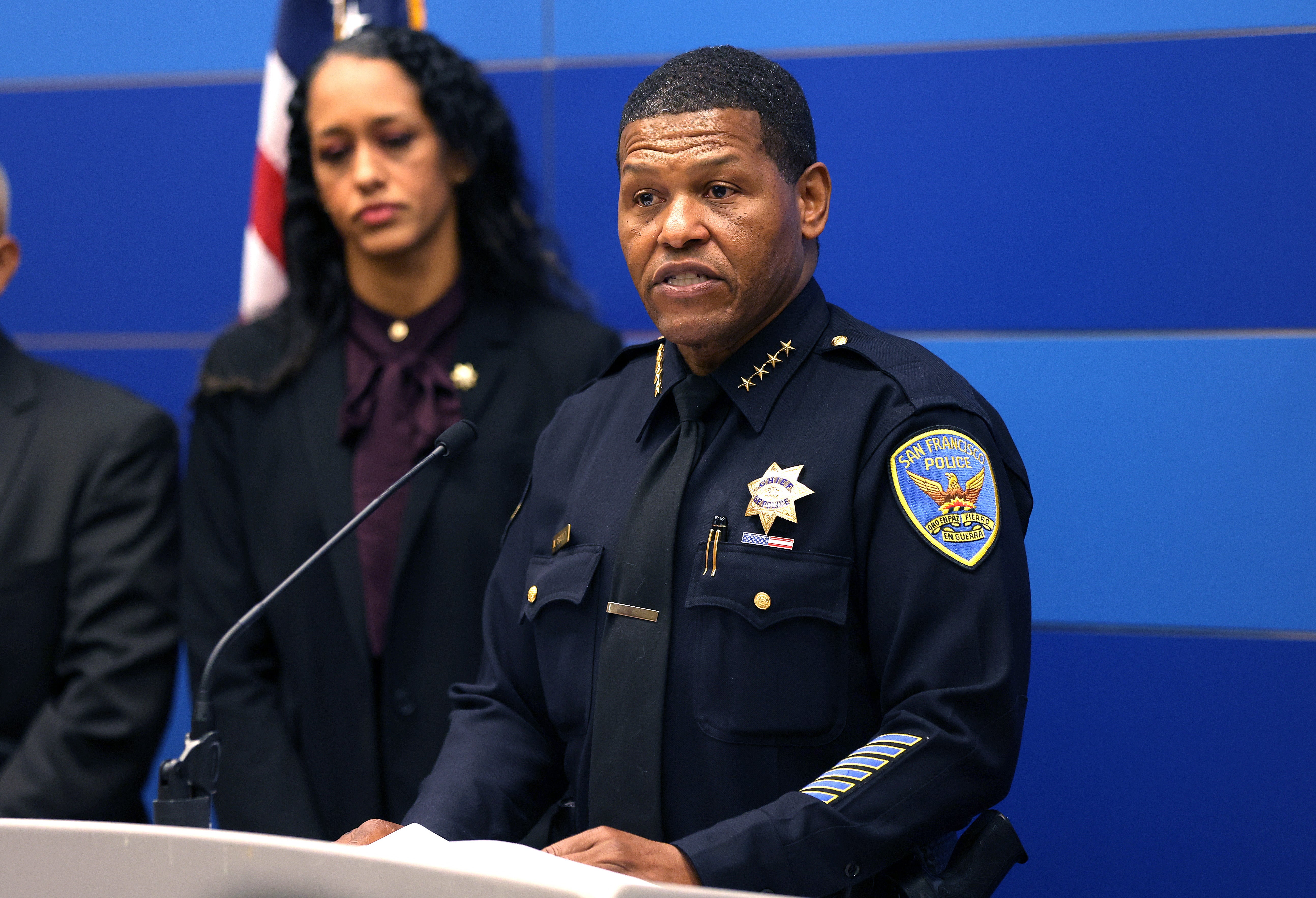 Police chief William Scott and district attorney Brooke Jenkins at a press conference to discuss the attack on Paul Pelosi