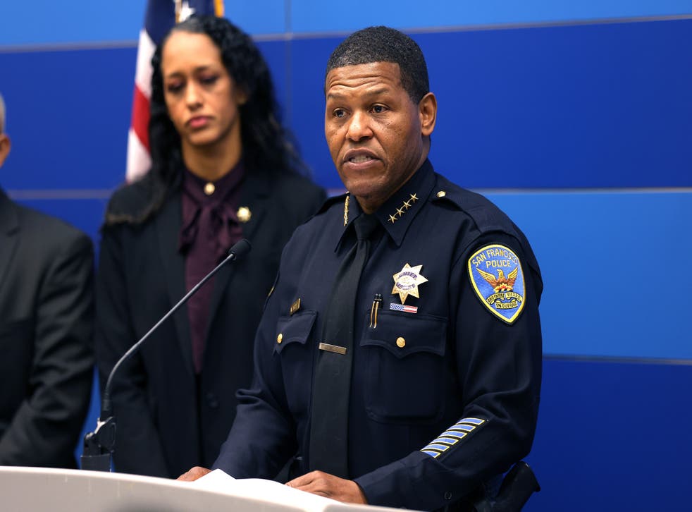 <p>Police chief William Scott and District Attorney Brooke Jenkins at a press conference to discuss the attack on Paul Pelosi</p>