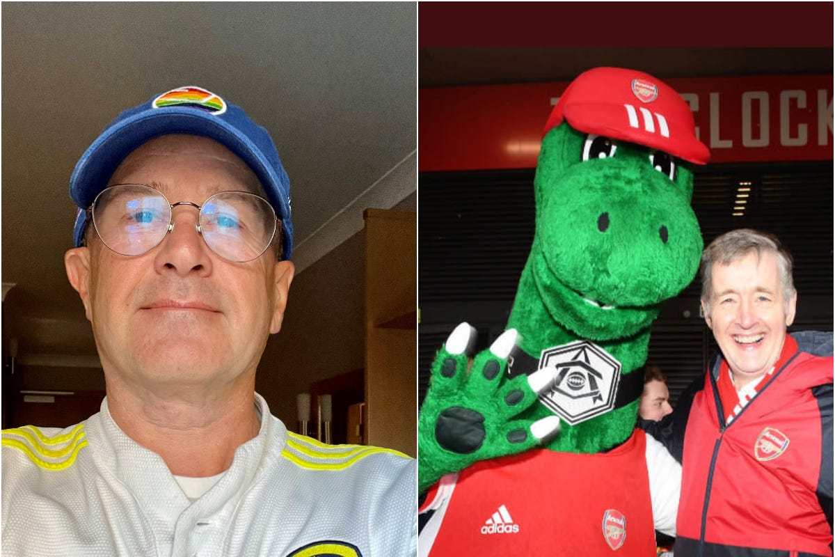 (From left to right) Andrew Tilly and Carl Fearn with Arsenal mascot (Arsenal Media)