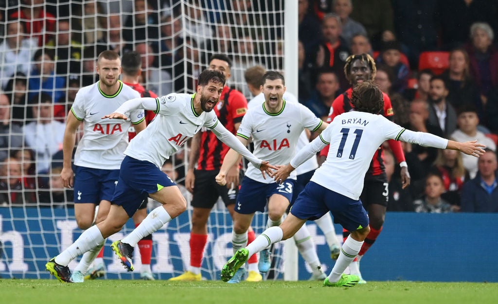 Spurs left it late before Rodrigo Bentancur (second left) grabbed a stoppage-time winner at Bournemouth