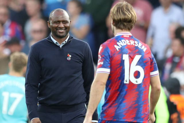 Patrick Vieira, left, was all smiles at full-time (Kieran Cleeves/PA)