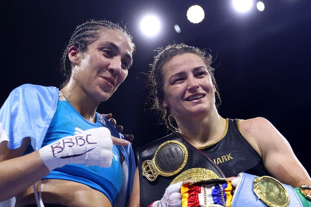 <p>Katie Taylor (right) remained undisputed lightweight champion at London’s Wembley Arena</p>