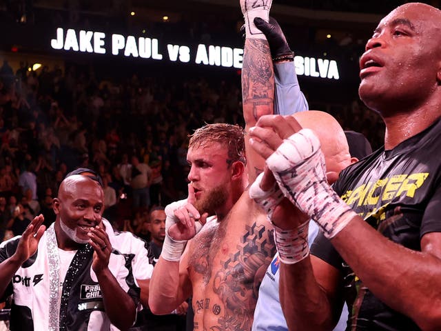 <p>Jake Paul (centre) beat Anderson Silva on all three judges’ scorecards</p>