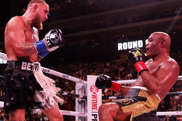 <p>Jake Paul (left) knocked down Anderson Silva in the final round</p>