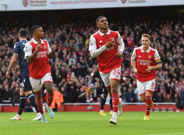 <p>Reiss Nelson celebrates scoring Arsenal’s second goal</p>