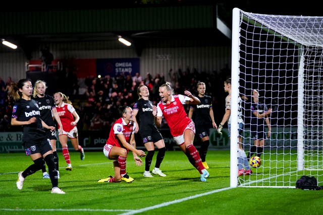 Stina Blackstenius celebrates scoring in Arsenal’s Women’s Super League victory over West Ham (Zac Goodwin/PA)