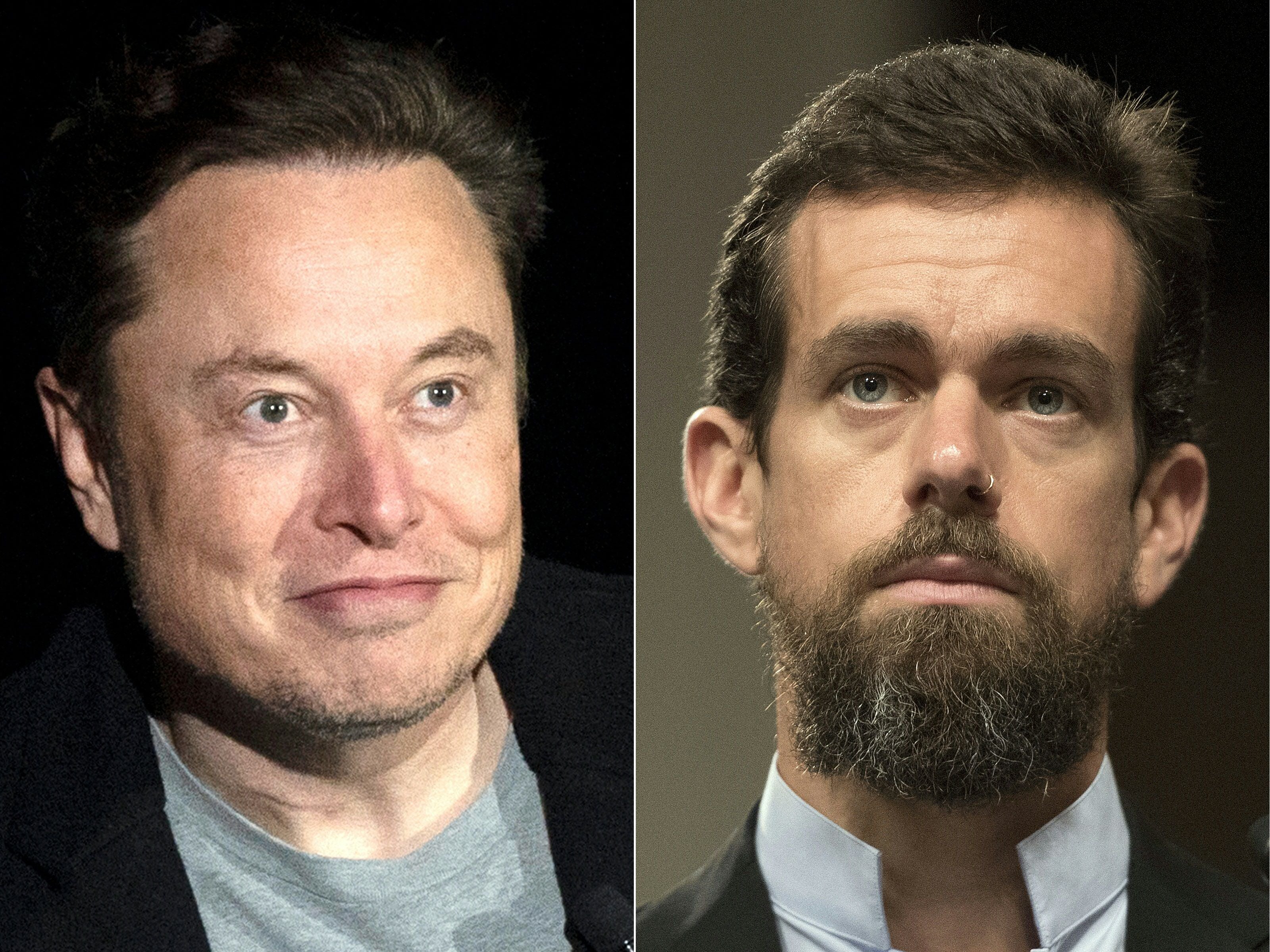 Elon Musk, left, and Jack Dorsey, right
