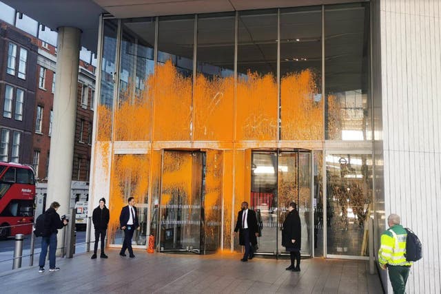 The headquarters of News Corp in London was sprayed with paint by Just Stop Oil protesters (Just Stop Oil/PA)
