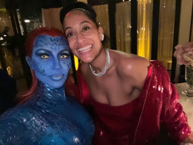 <p>Kim Kardashian dressed as Mystique for Tracee Ellis Ross’ birthday party</p>