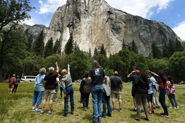 <p>Visitors look up at the El Capitan monolith in the Yosemite National Park in California on June 4, 2015</p>
