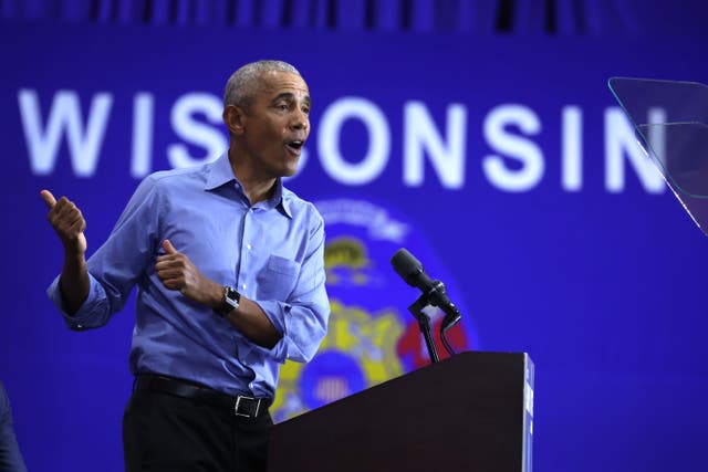 <p>Former President Barack Obama speaks at a rally for Senate candidate Mandela Barnes in Wisconsin on 29 October 2022</p>