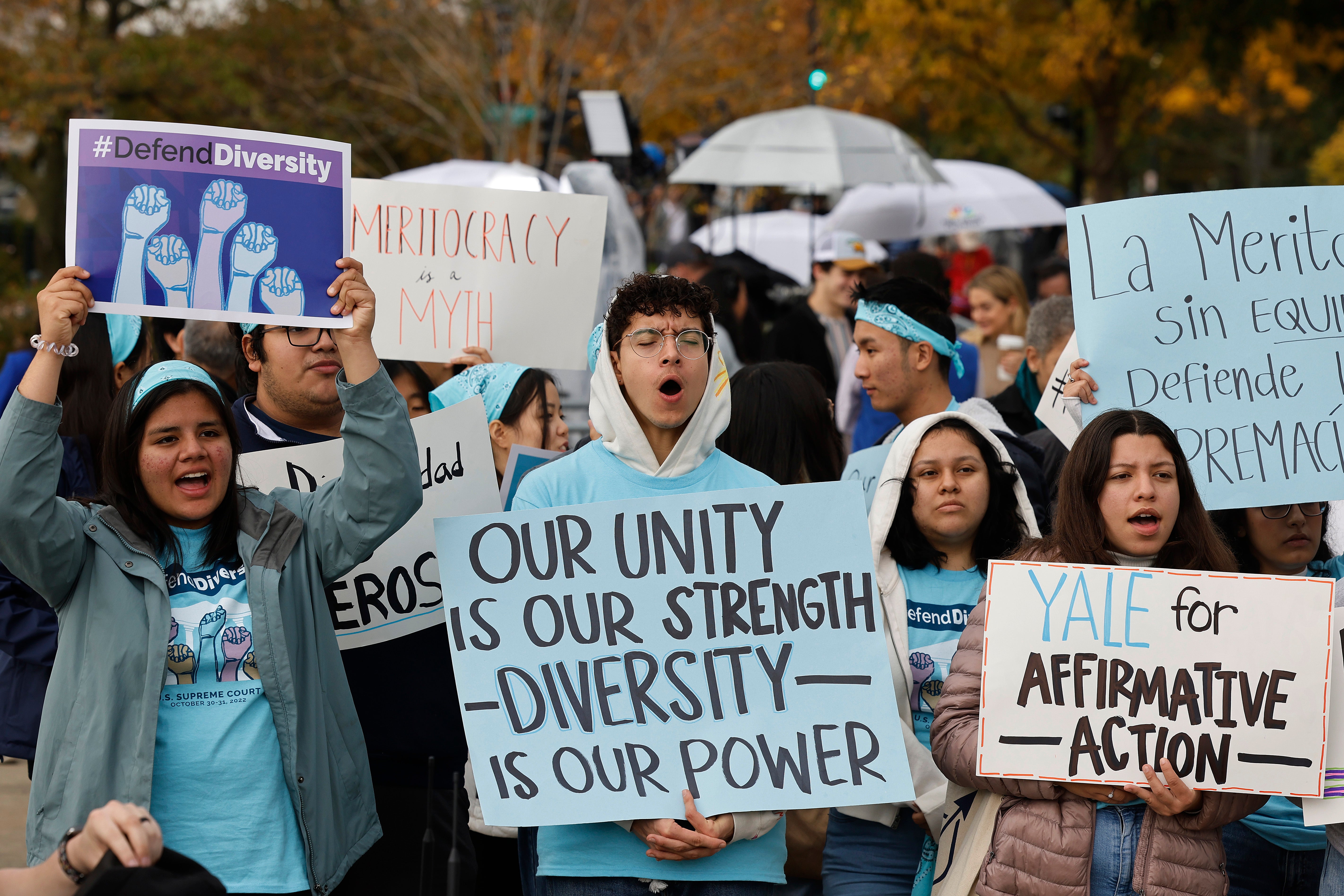 Demonstrators outside the US Supreme Court rallied in support of race-conscious university admissions policies on 31 October