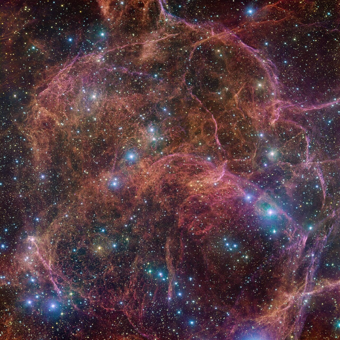 An image of the Vela supernova remnant as imaged by the European Southern Observatories Very Large Telescope Survey Telescope