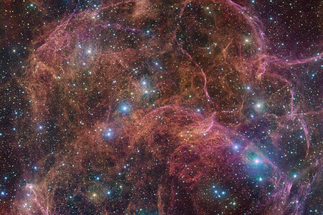 <p>An image of the Vela supernova remnant as imaged by the European Southern Observatories Very Large Telescope Survey Telescope</p>