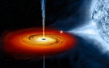 An artist’s conception of the black hole Cygnus X-1 as it feeds on material siphoned off its blue giant companion star