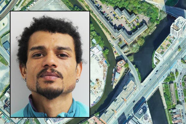 <p>Miguel Angel Alvarez Florentino (inset) was found in river near Blaker Road, Stratford (background) </p>