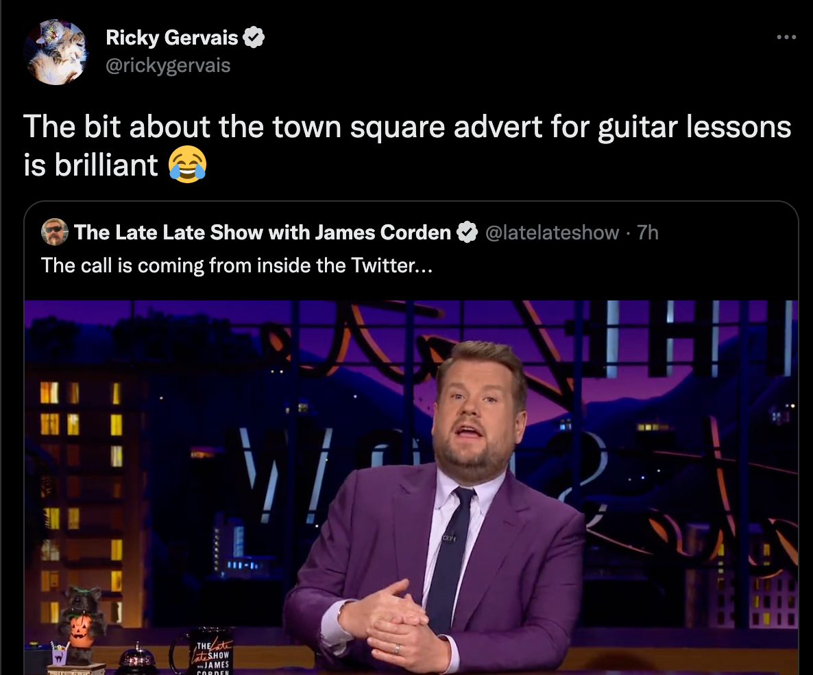 Ricky Gervais points out that James Corden ‘stole’ one of his jokes