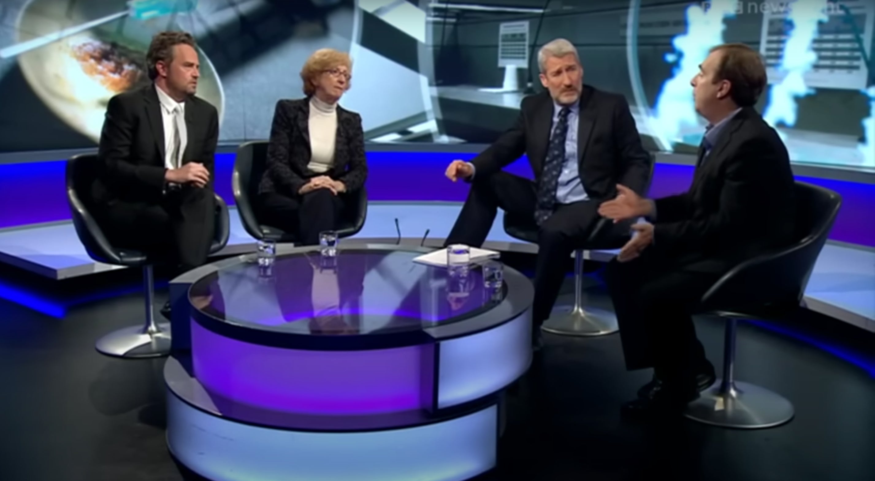 From L-R: Matthew Perry, Baroness Meacher, Jeremy Paxman, Peter Hitchens on ‘Newsnight’ in 2013