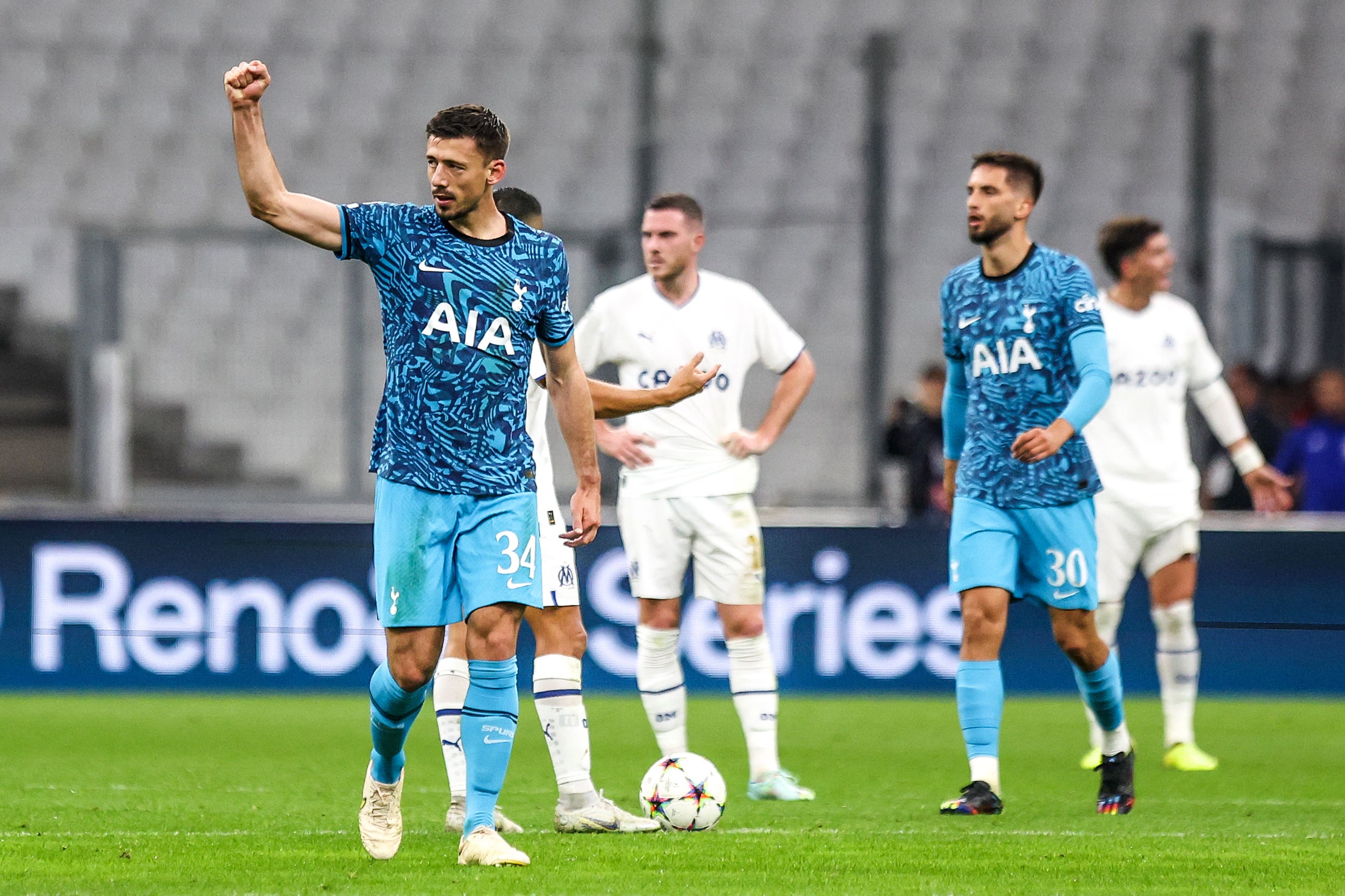 Clement Lenglet celebrates scoring Tottenham’s equaliser