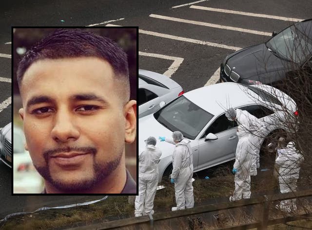 <p>Yassar Yaqub (inset) was shot by police by Audi at side of M62 near Huddersfield (background) </p>
