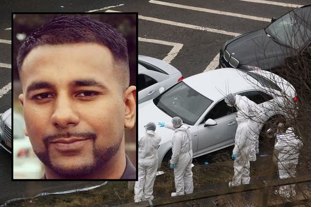 <p>Yassar Yaqub (inset) was shot by police by Audi at side of M62 near Huddersfield (background) </p>