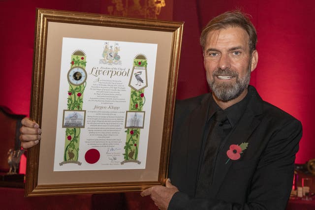 Liverpool FC manager Jurgen Klopp receives the Freedom of the City of Liverpool (Jason Roberts/PA)
