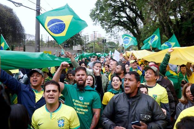 <p>Supporters of Jair Bolsonaro protest outside the Brazilian Army barracks in Sao Paulo</p>