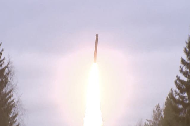 <p>Video from the Russian Defence Ministry of what it said was an intercontinental ballistic missile launched during nuclear exercises</p>