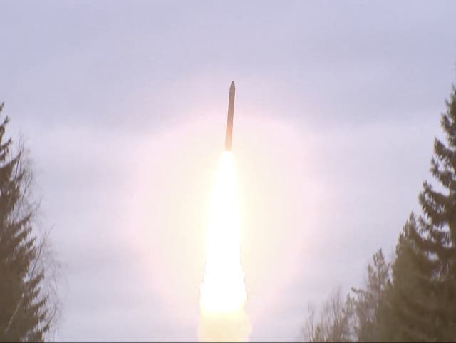 <p>Video from the Russian Defence Ministry of what it said was an intercontinental ballistic missile launched during nuclear exercises</p>